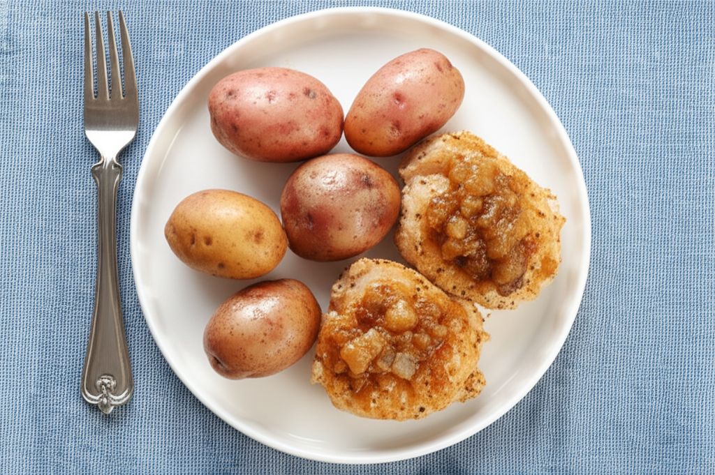 Braised Chicken Thighs with Apples, Bacon Chutney, and Roasted Red Potatoes