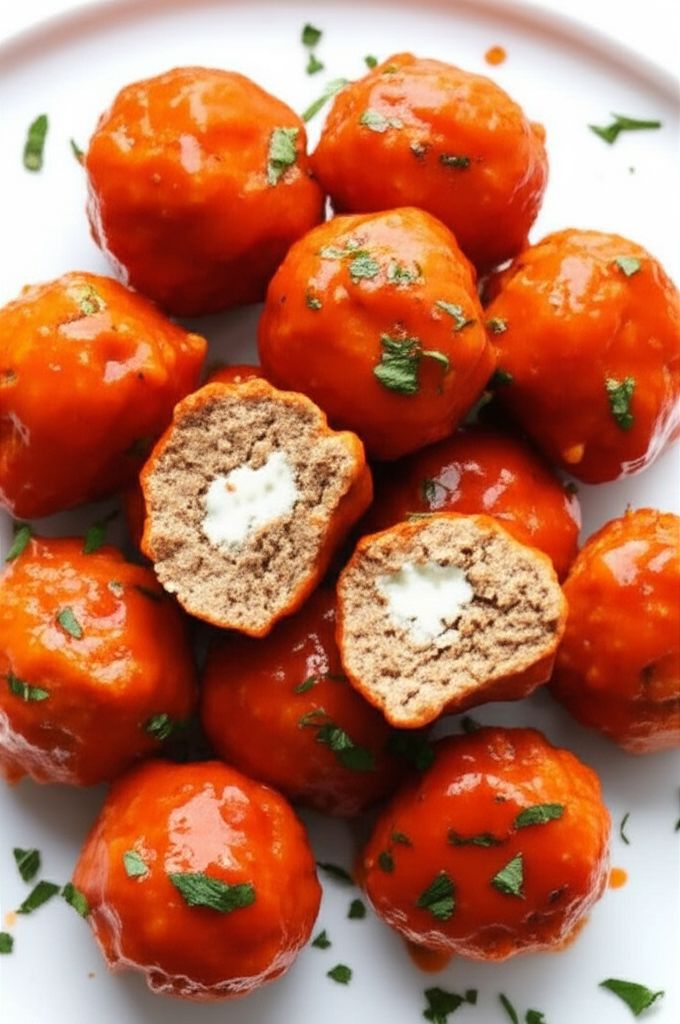 Feta-Stuffed Cocktail Buffalo Chicken Meatballs