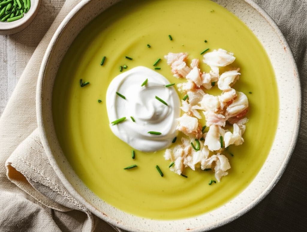 Asparagus and Yukon Gold Potato Soup with Crab and Chive Sour Cream