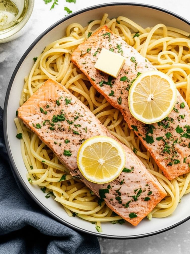 Baked Lemon-Butter Salmon with Pasta