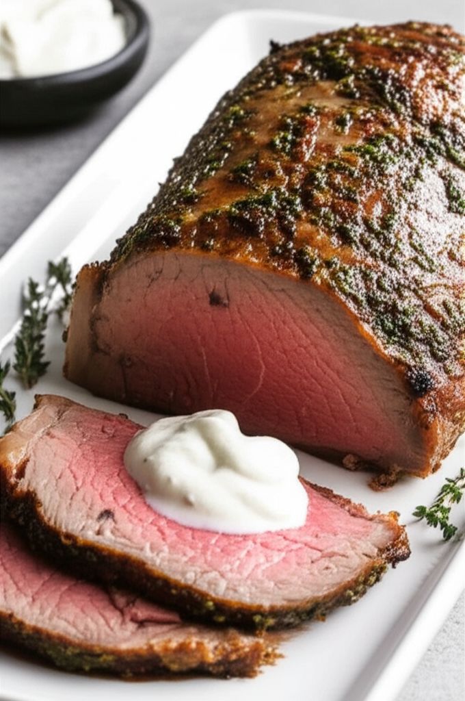 Herb and Garlic Roast Tenderloin with Creamy Horseradish Sauce