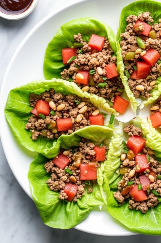 Minced Pork and Watermelon Lettuce Wraps