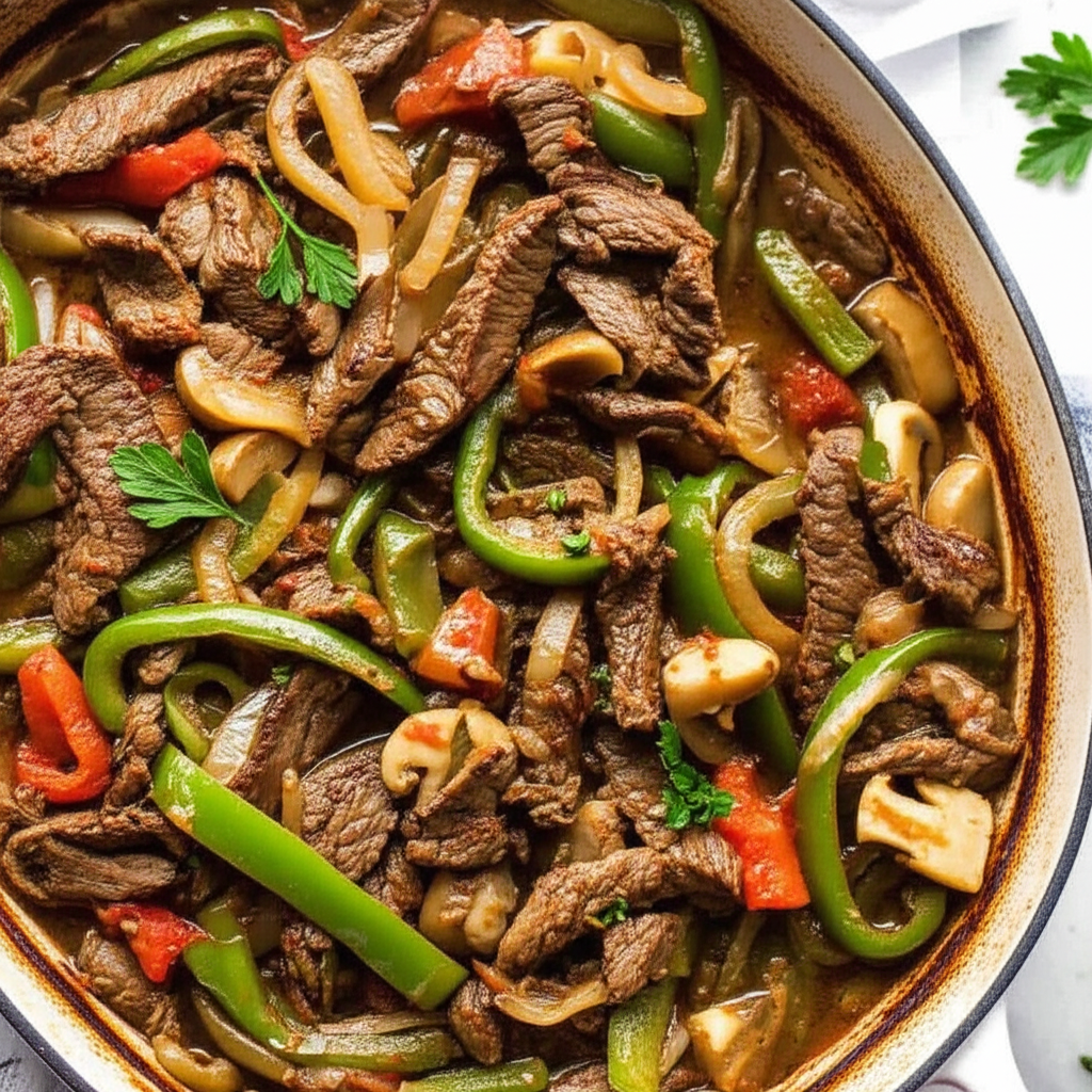 Sliced Steak, Peppers, and Mushrooms in the Oven