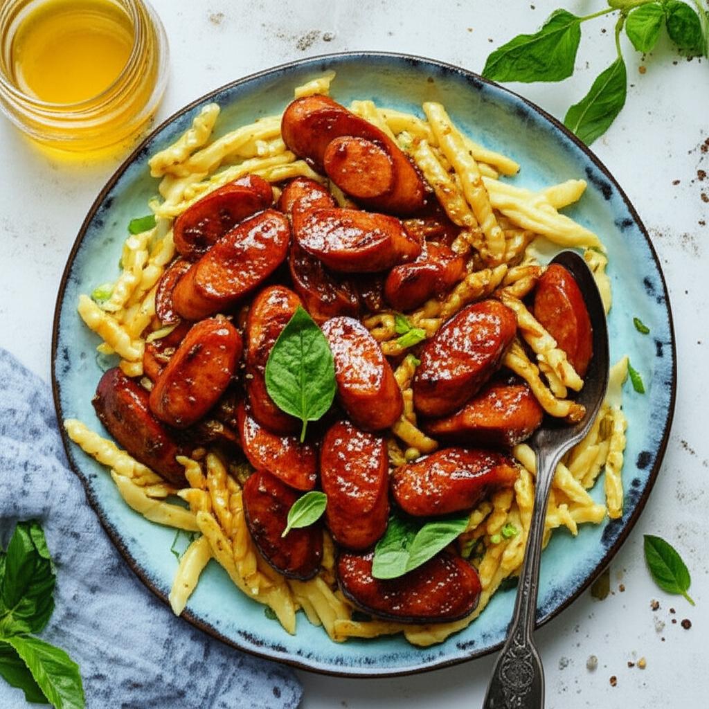 Sweet and Spicy Garlic Kielbasa with Sauteed Herb Spaetzle