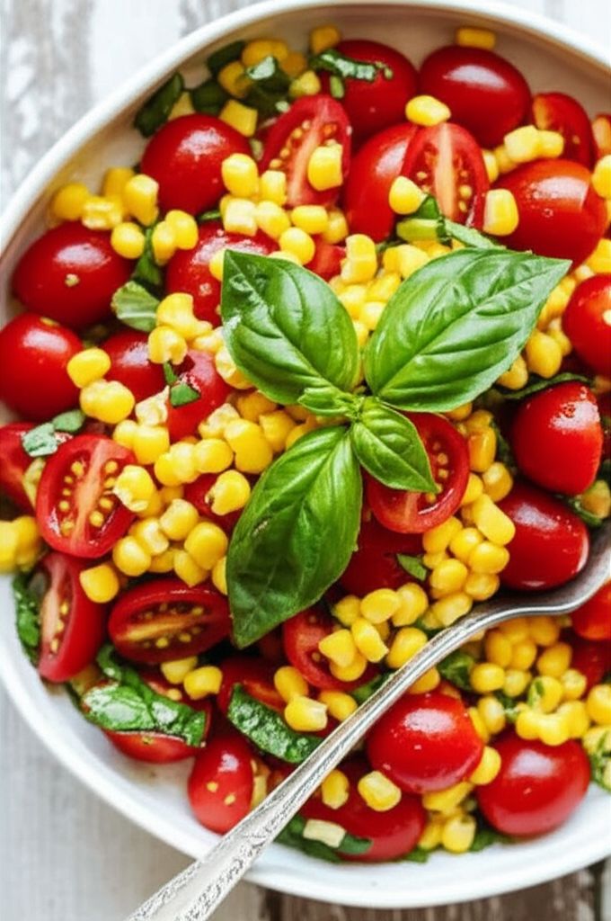 Tomato, Basil, and Corn Salad with Apple Cider Dressing