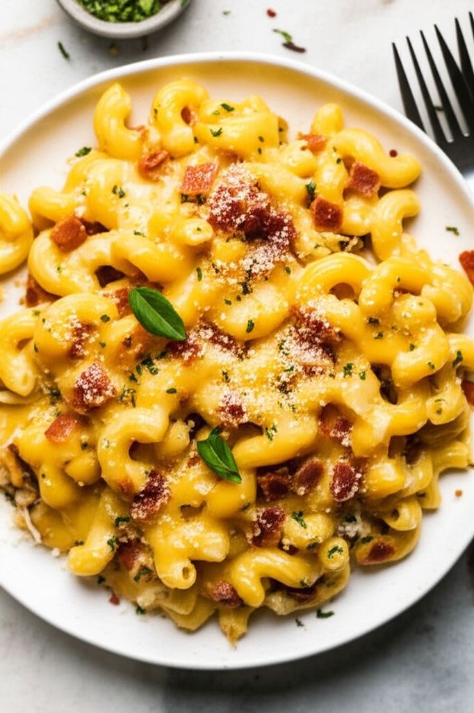Bacon White Cheddar Pesto Mac and Cheese