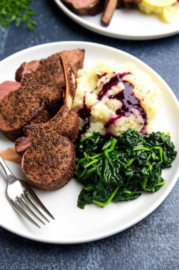 Cumin Lamb Steaks with Smashed Potatoes, Wilted Spinach and Red Wine Sauce
