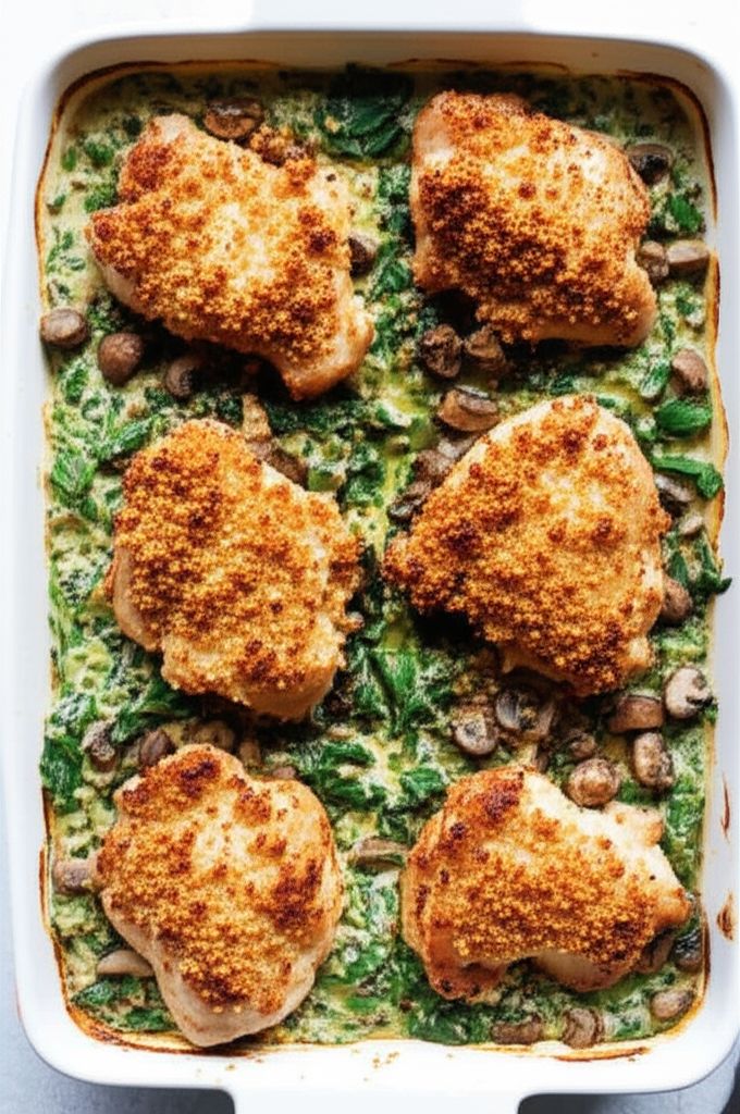 Oven-Baked Keto Chicken Thighs with Creamed Spinach and Mushrooms