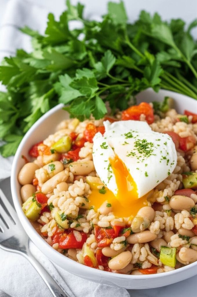 Pesto Risotto with Cannellini Beans, Tomatoes, and Poached Eggs