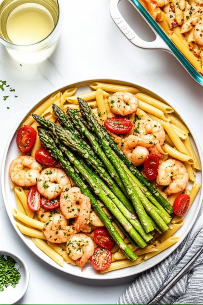 Shrimp Scampi with Tomatoes, Pasta, and Roasted Asparagus