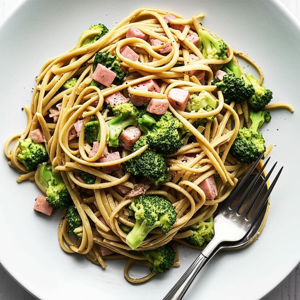 Spinach Fettuccini with Broccoli and Ham