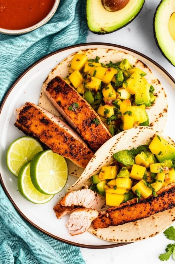 Blackened Salmon Tacos with Chunky Mango Avocado Salsa