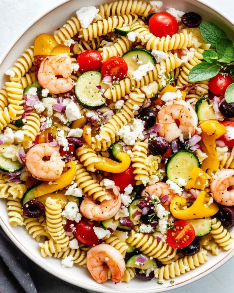 Greek Pasta Salad with Shrimp, Tomatoes, Zucchini, Peppers, and Feta