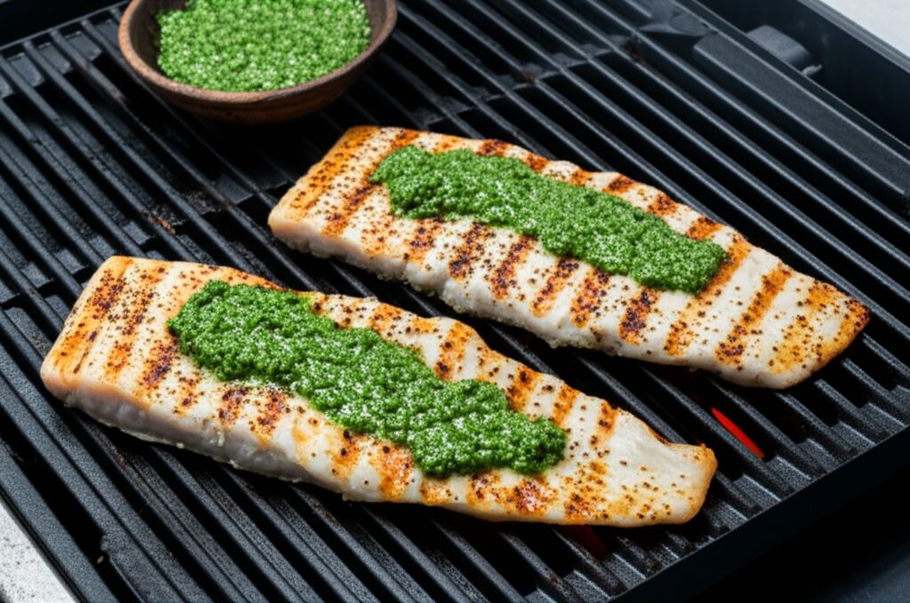 Grilled fish fillet with pesto sauce