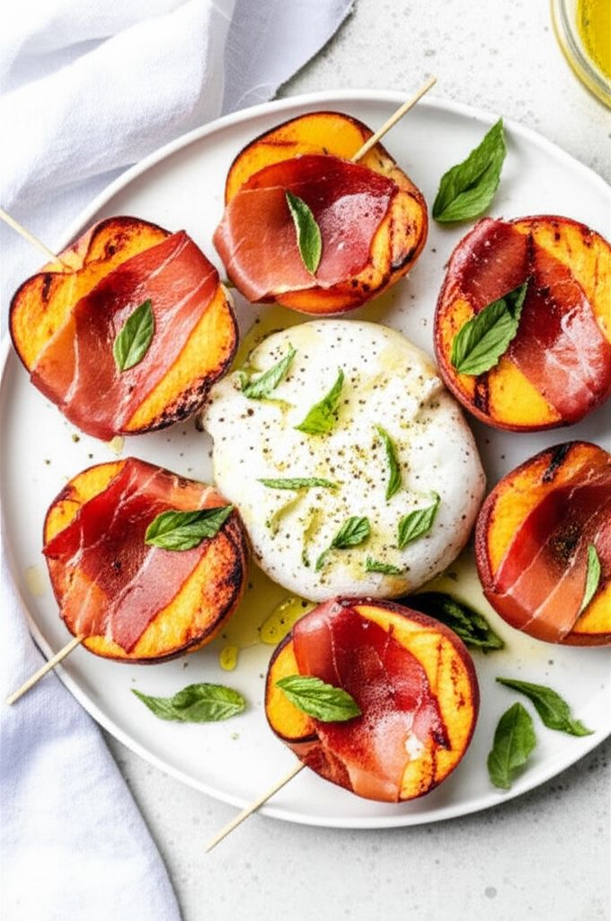 Grilled Prosciutto-Wrapped Peaches with Burrata and Basil