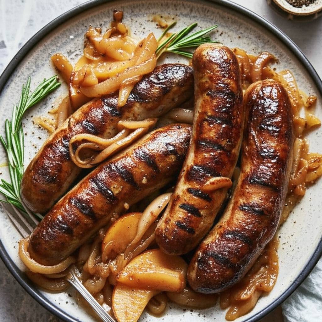 Grilled Sausages with Caramelized Onions and Apples