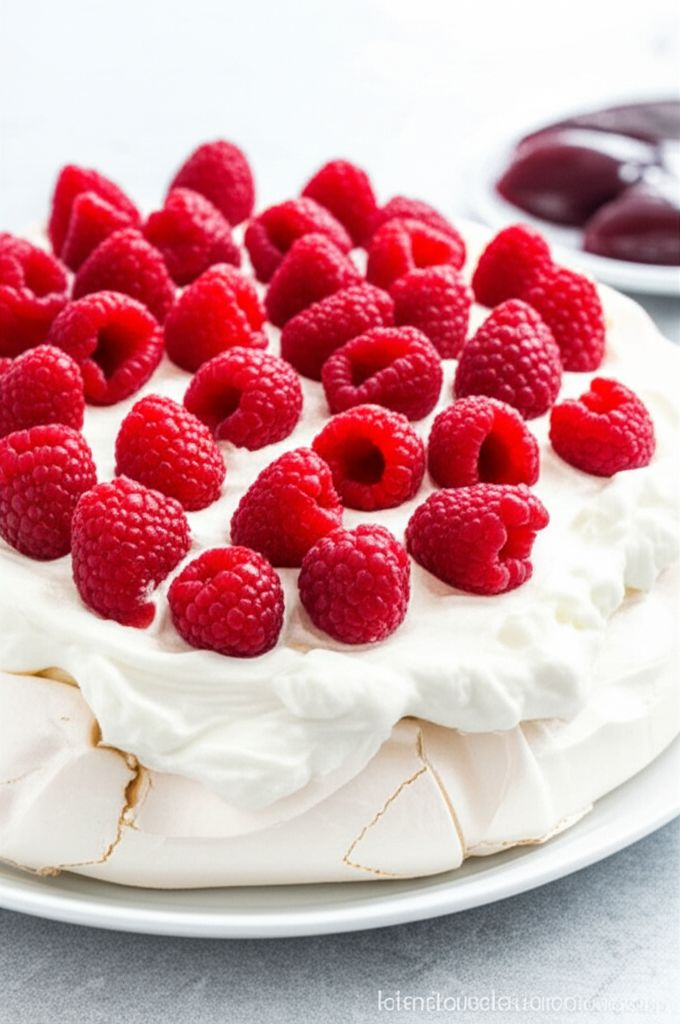 Meringue Cake with Whipped Cream and Raspberries