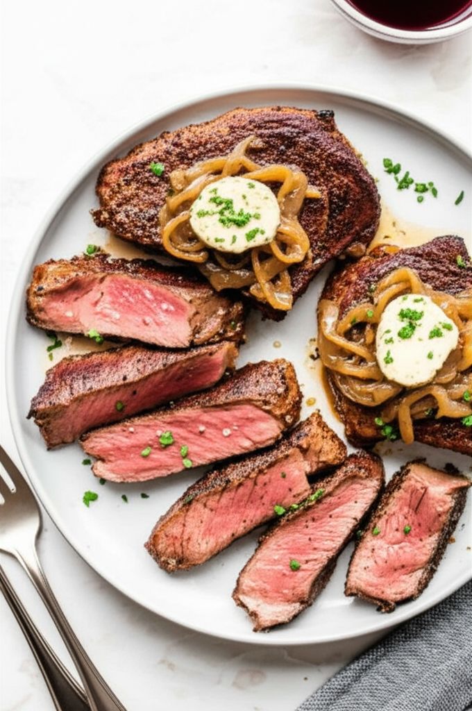 Pan-Roasted Ribeye with Caramelized Onions and White Truffle Butter