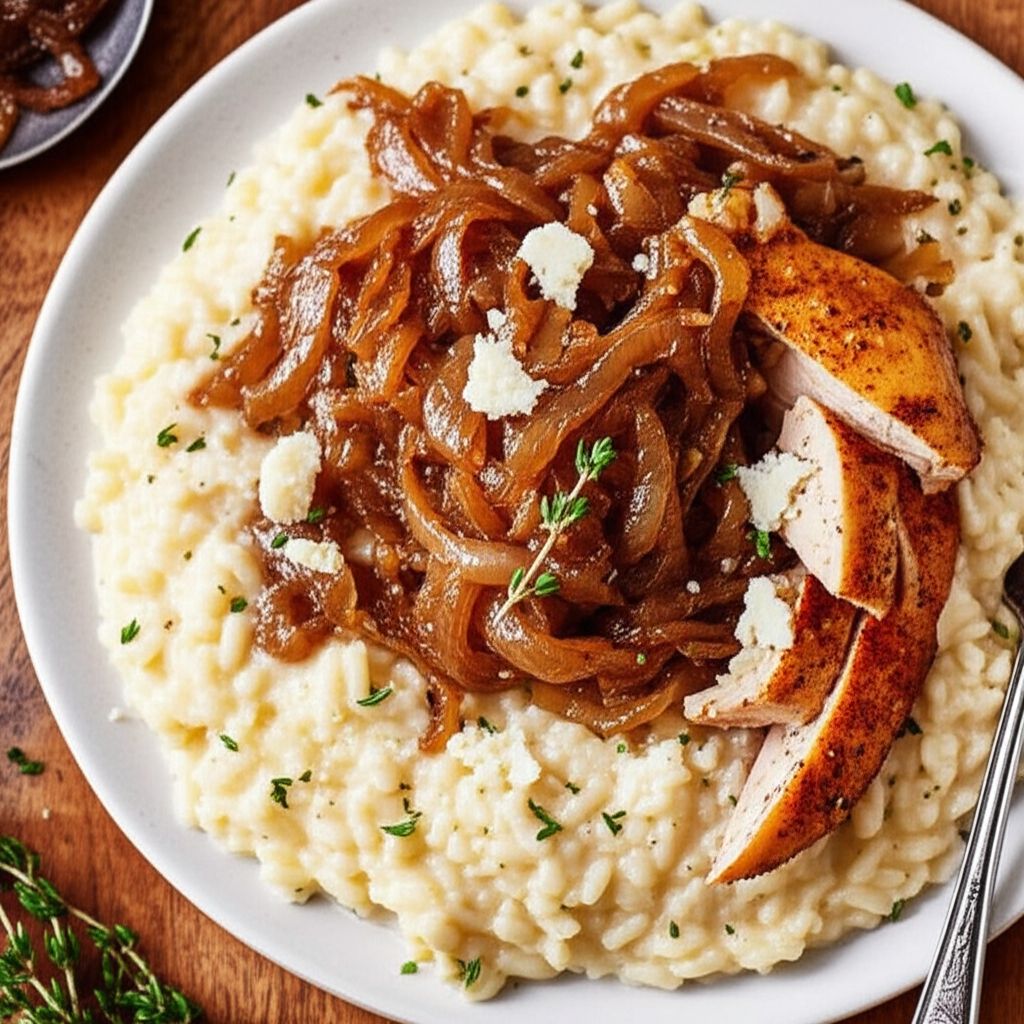 Roasted Chicken with Risotto and Caramelized Onions