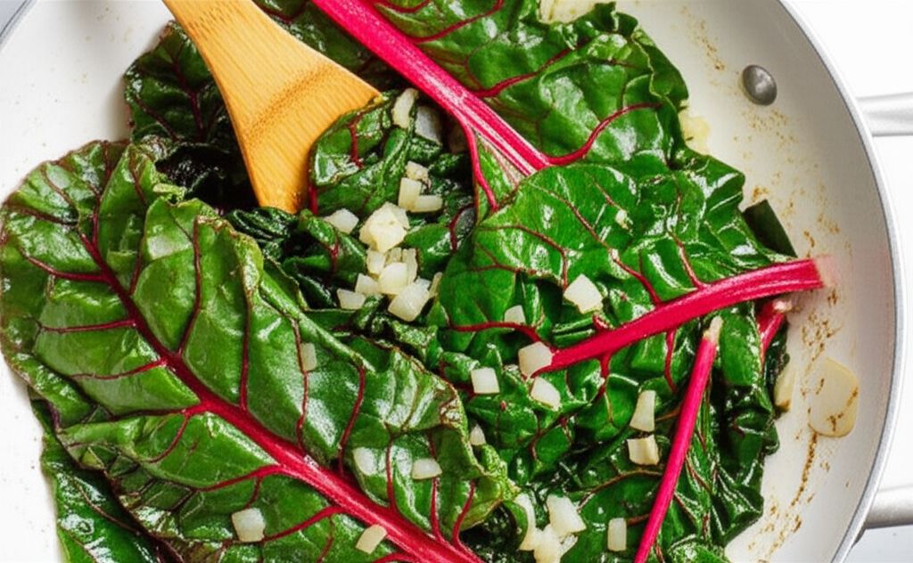 Sauteed Swiss Chard with Mushrooms and Roasted Red Peppers
