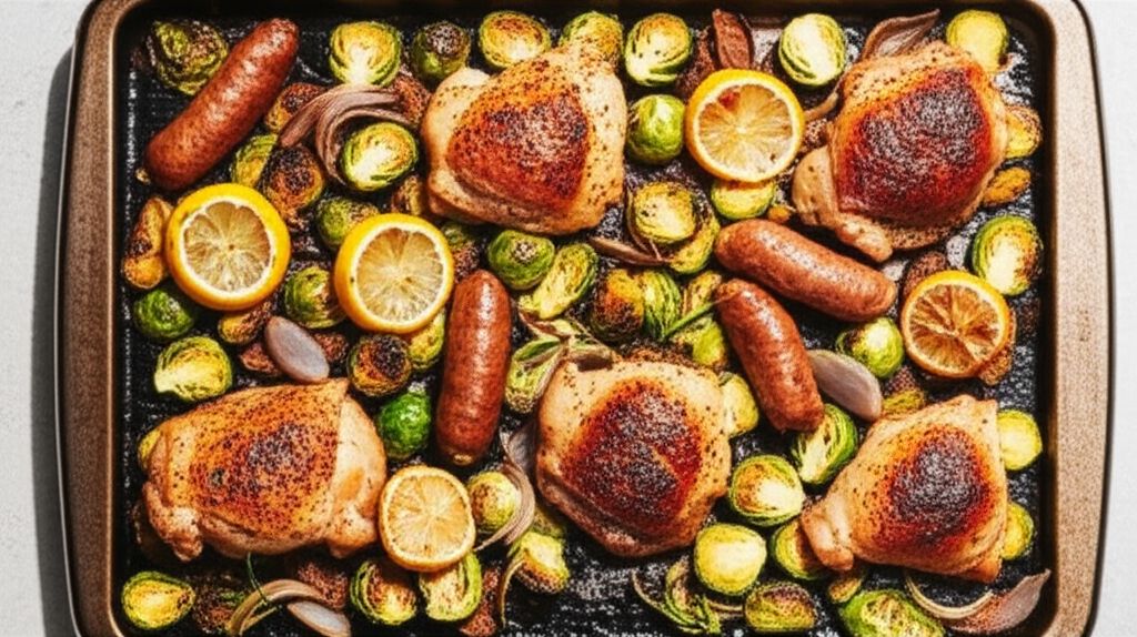 Sheet Pan Roasted Chicken Thighs with Brussels Sprouts