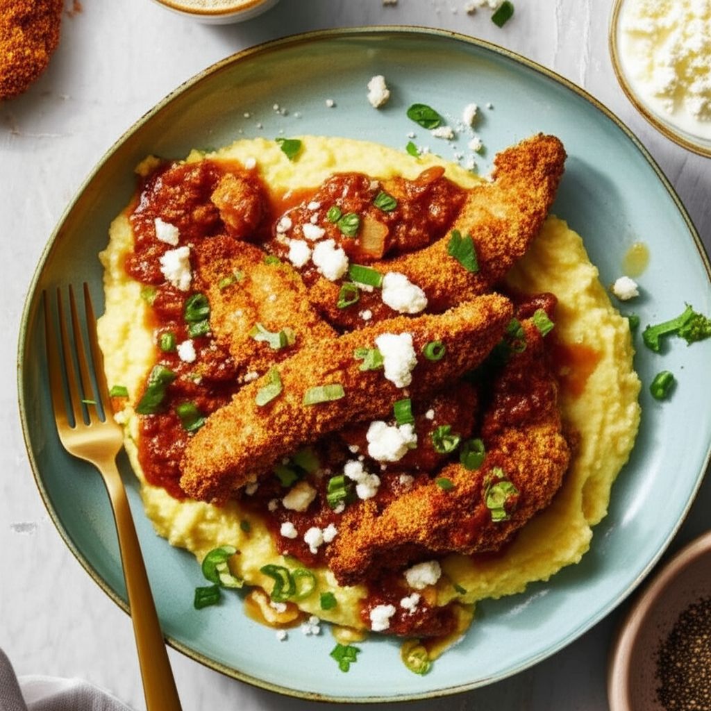 Spicy Oven-Fried Chicken with Cheese Grits and Chorizo Reduction