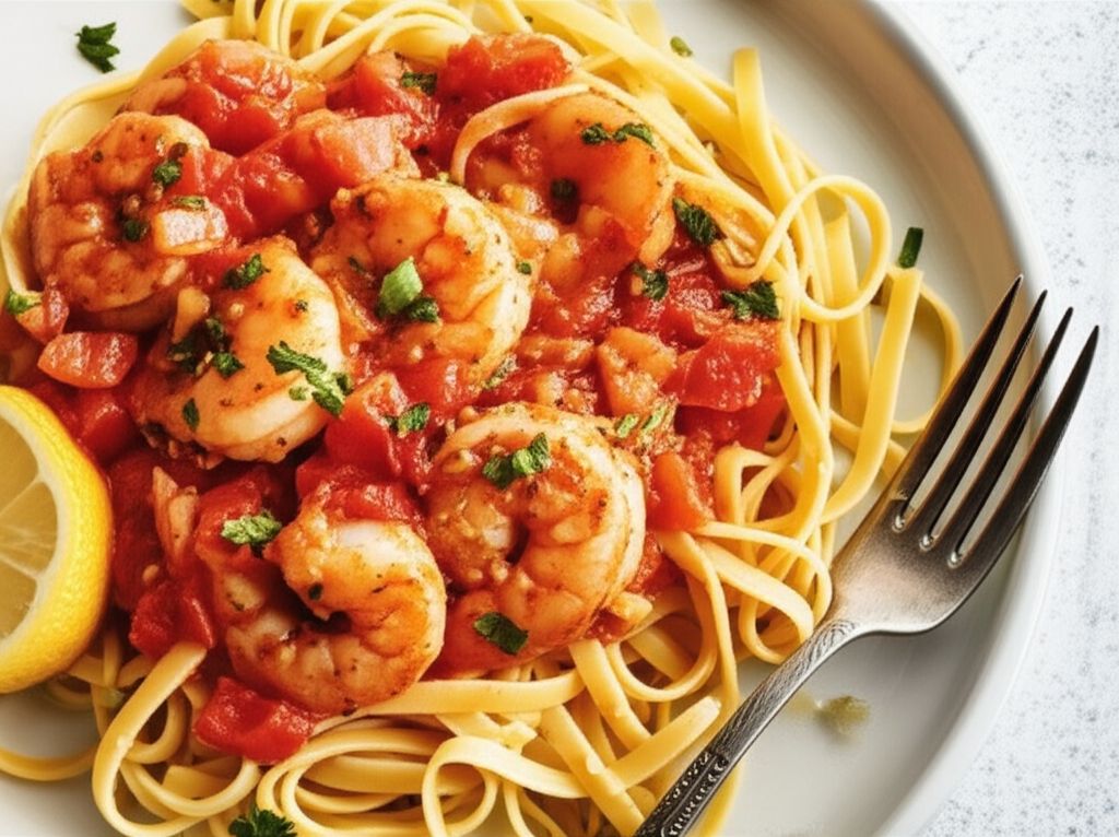 Spicy Shrimp Fettuccine with Garlic and Tomatoes