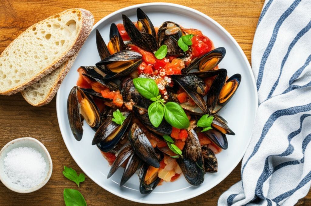 Steamed Mussels with Fennel, Tomatoes, Ouzo, and Cream