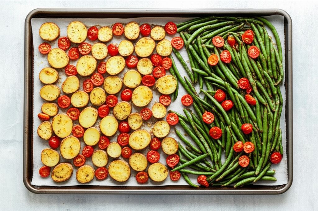 Vegan Green Bean, Tomato, and Basil Sheet Pan Dinner