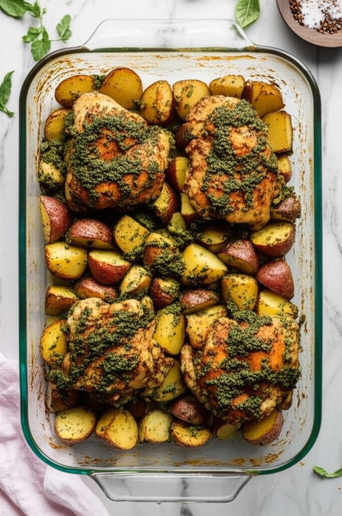 Baked Pesto Chicken Thighs and Potatoes