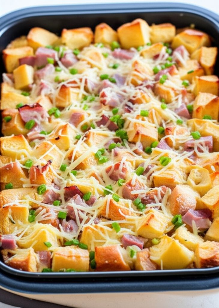 Overnight Breakfast Bake with Ham, Cheese, and Croissants