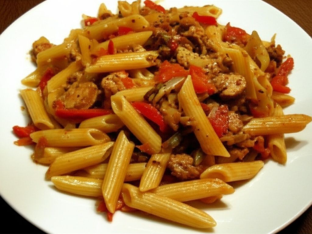Penne, Peppers, and Chicken-Apple Sausage Saute