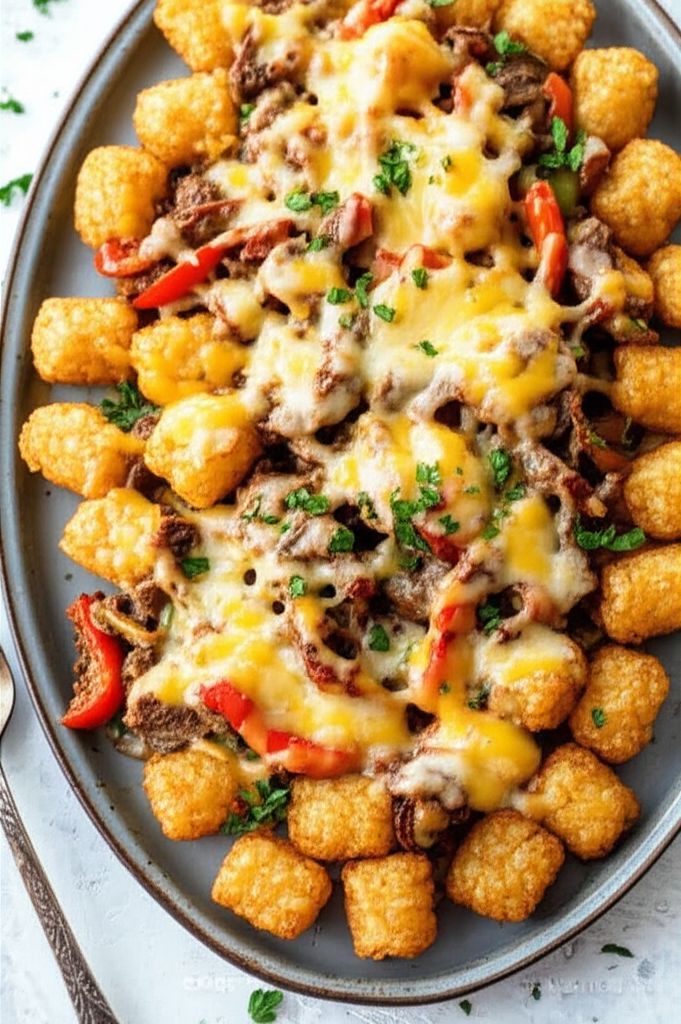 Philly Cheesesteak Smothered Tater Tots