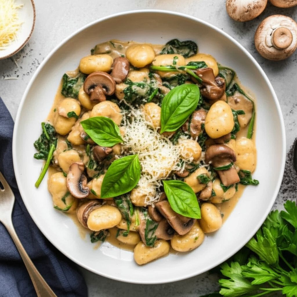 Vegetarian Gnocchi with Spinach and Mushroom-Butter Sauce
