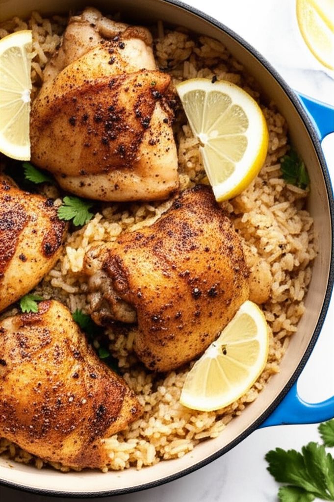 Baked Lemon-Pepper Chicken Thighs and Rice