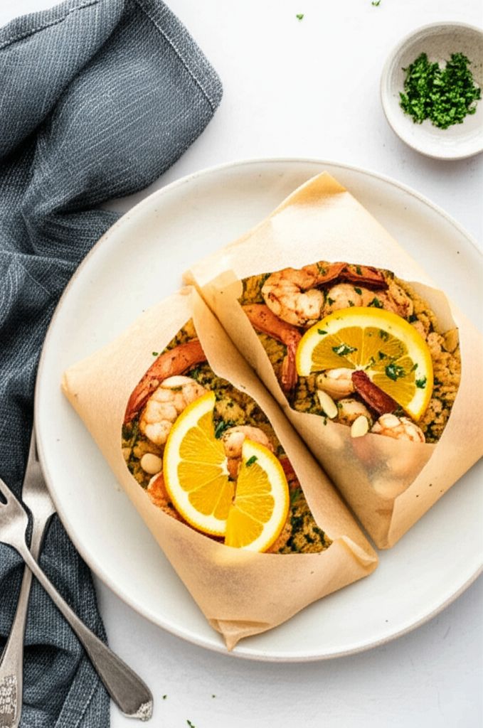Shrimp and Rice Packets with Olives and Oranges