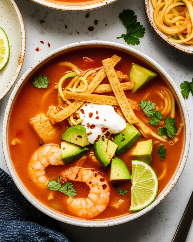 Spicy Shrimp Tortilla Soup with Zucchini Noodles