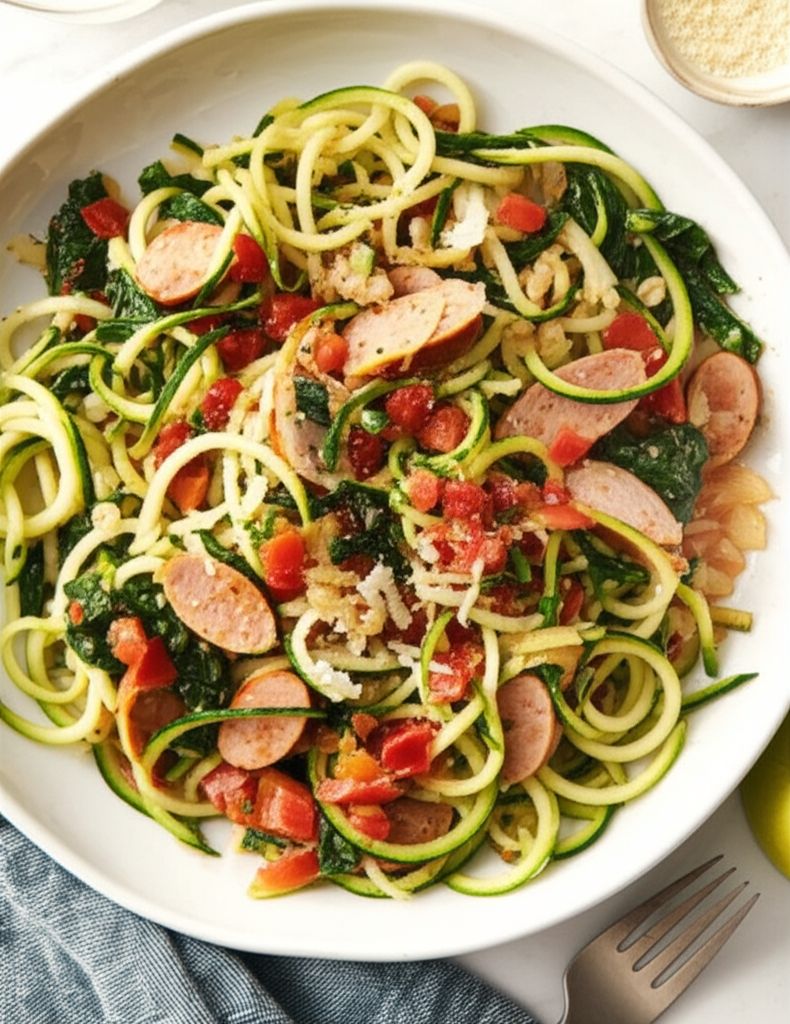 Zucchini Noodles and Summer Vegetables with Sweet Pepper Chicken Sausage
