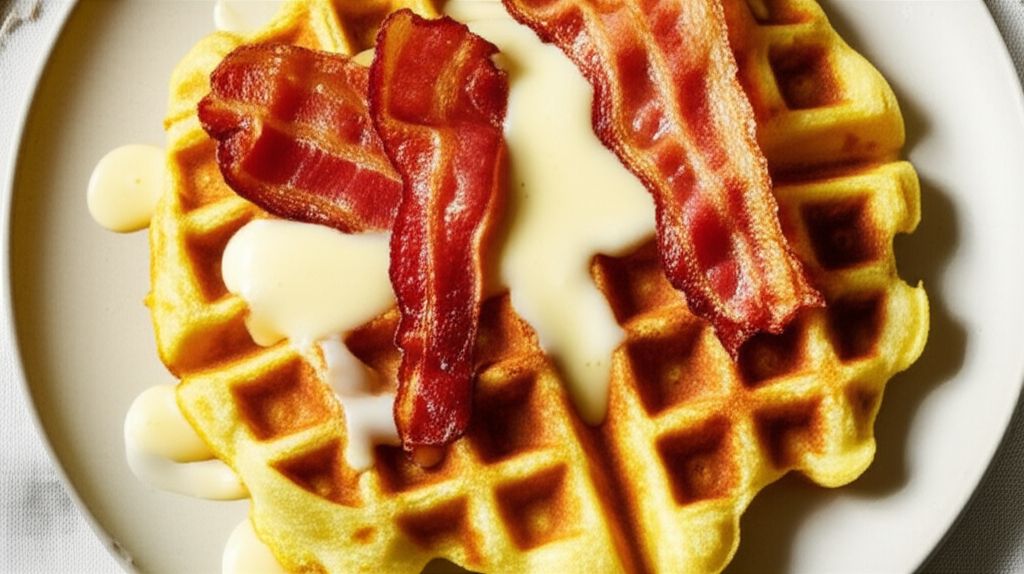 Cornmeal Bacon Waffles with Cheese Sauce