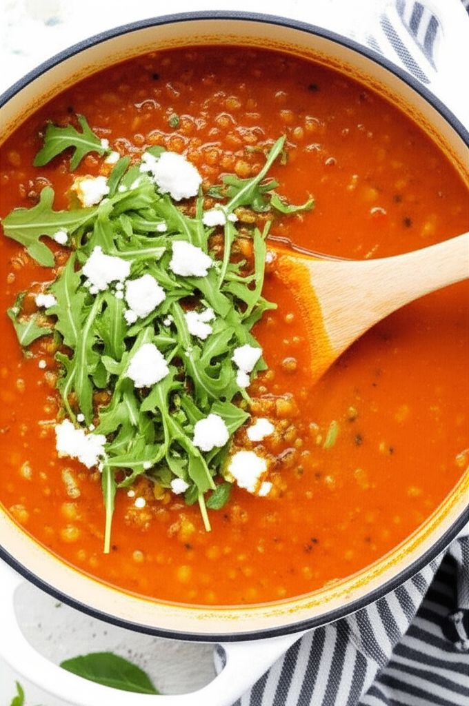 Lentil Soup with Goat Cheese and Arugula