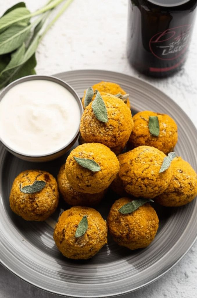 Mini Pumpkin Sage Balls with Balsamic Creme Fraiche