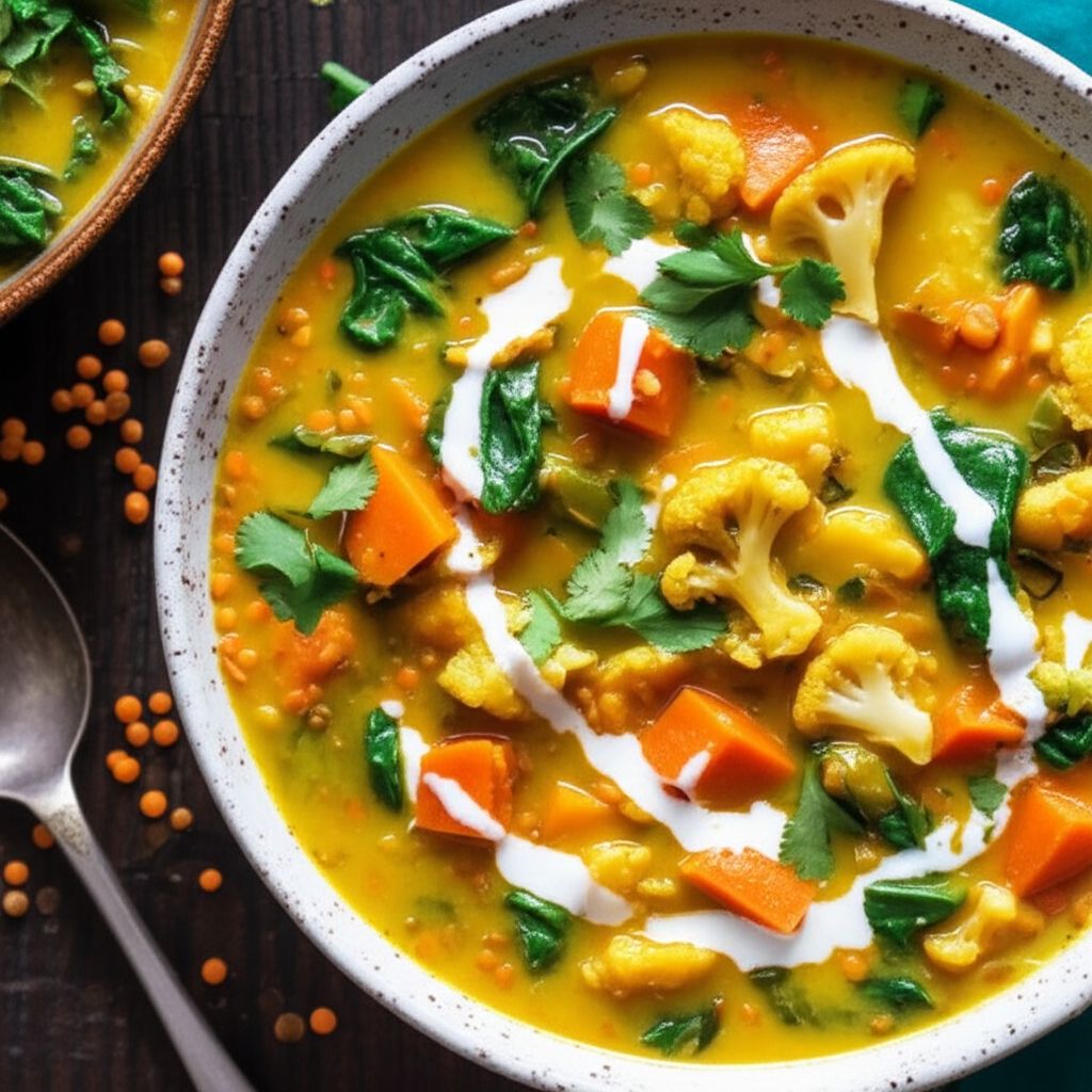 Vegan Curried Cauliflower, Sweet Potato, and Lentil Soup