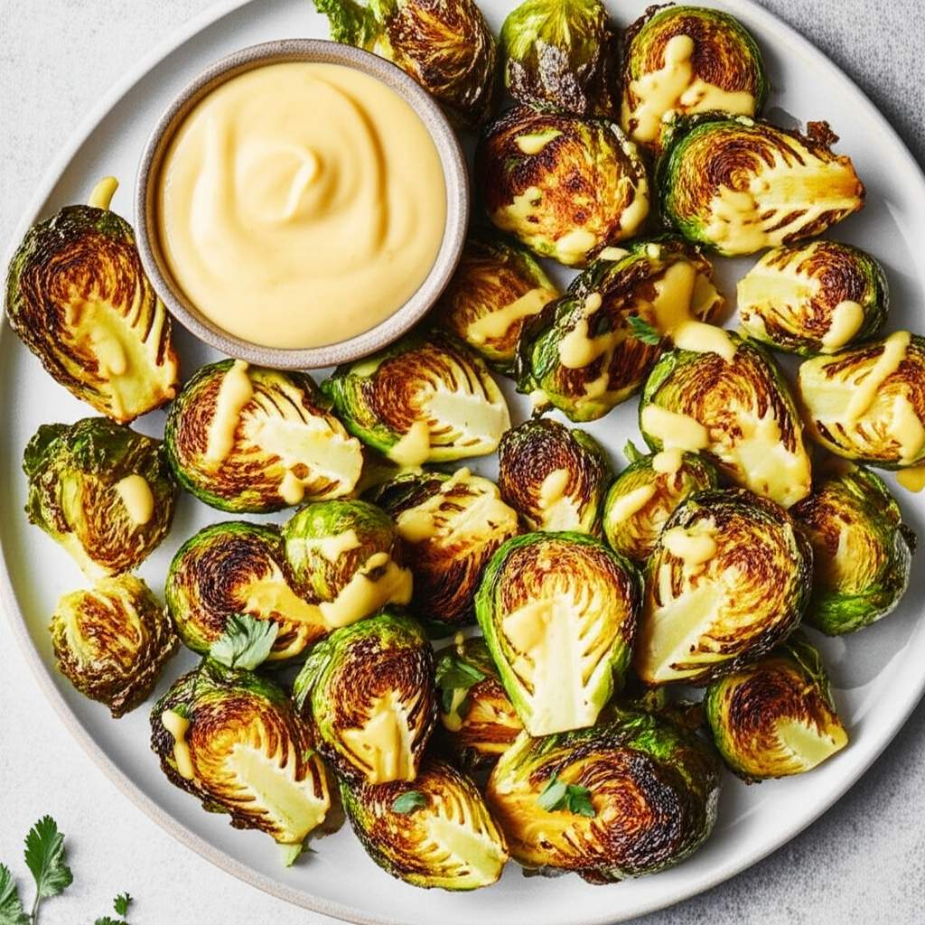 Air Fryer Roasted Brussels Sprouts with Maple-Mustard Mayo
