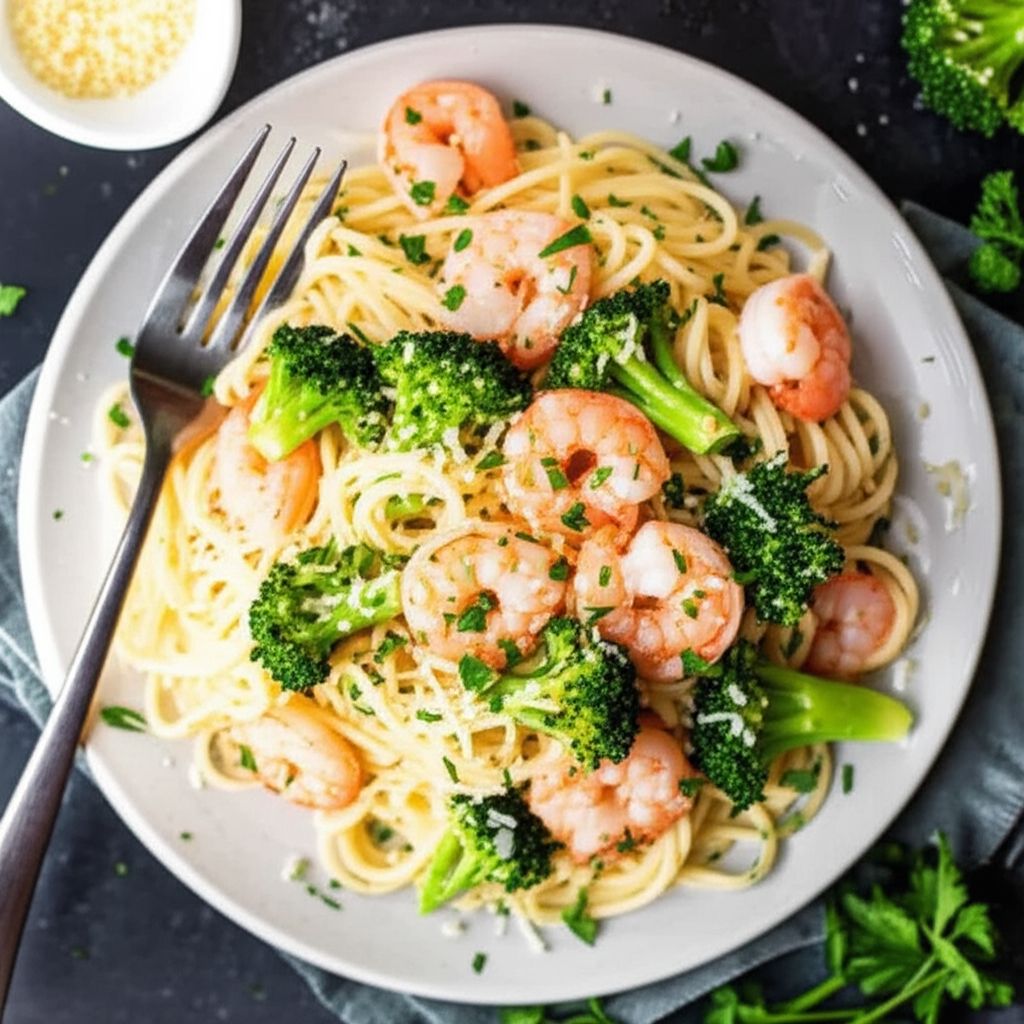 Angel Hair Pasta with Garlic Shrimp and Broccoli