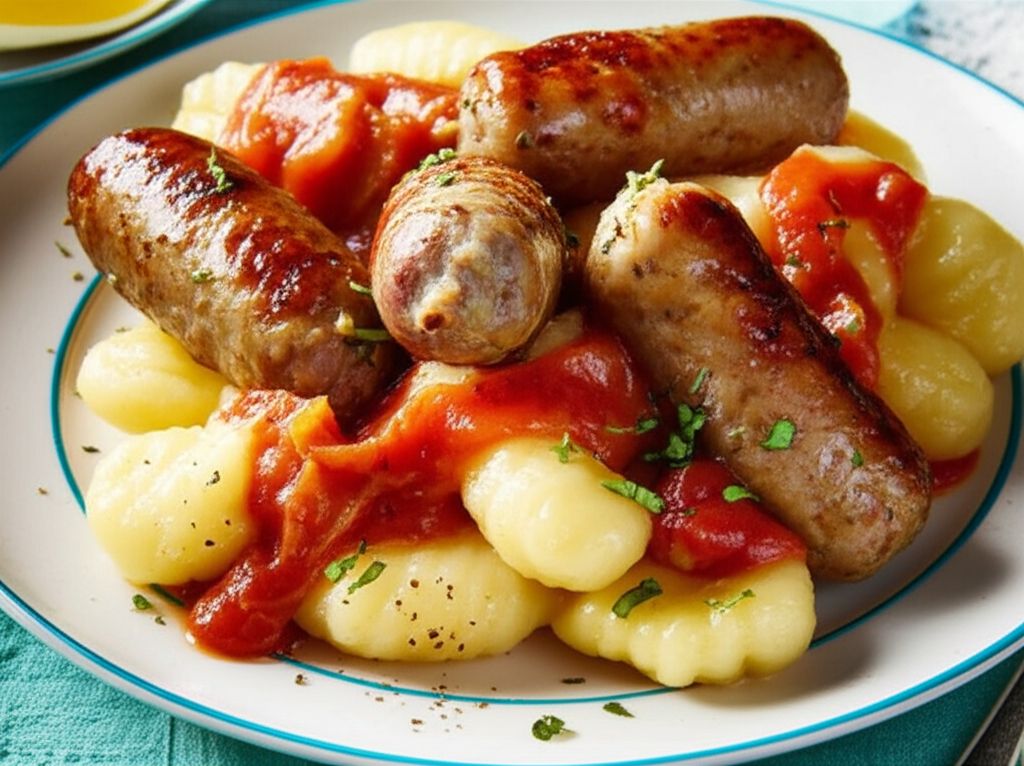 Bangers and Gnocchi with a Roasted Shallot and Cheese Sauce