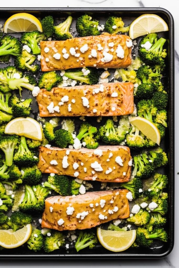 Easy Sheet Pan Roasted Greek Salmon and Broccoli