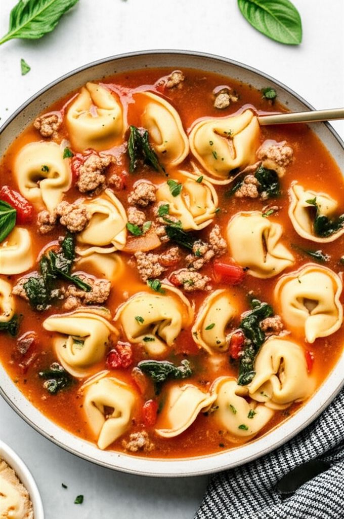 Garlicky Tortellini Soup With Sausage, Tomatoes, and Spinach