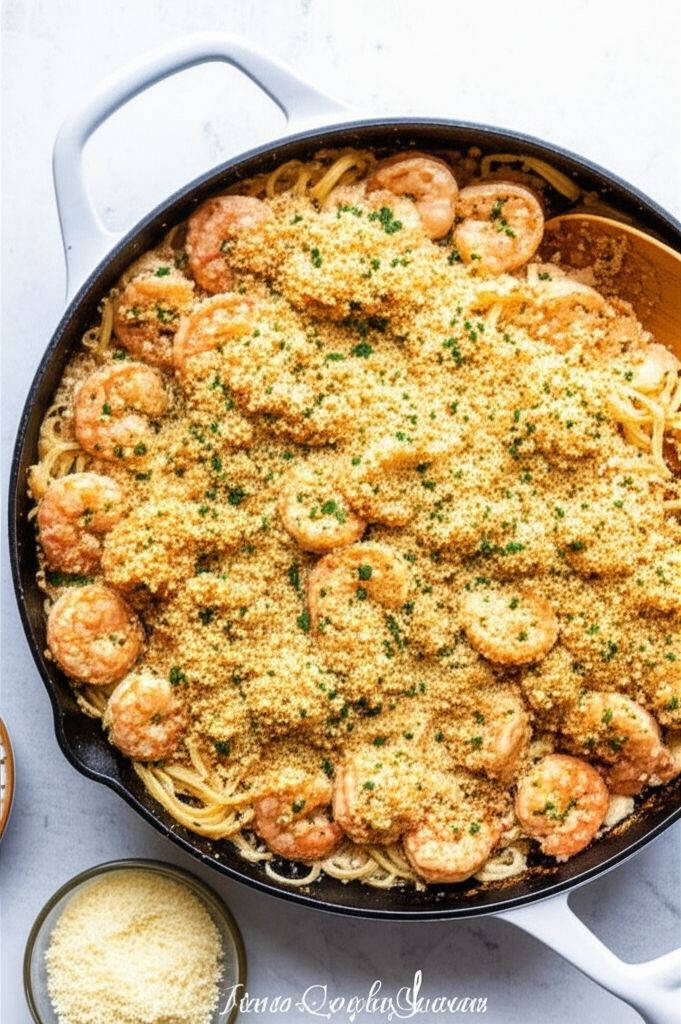 Parmesan-Crusted Shrimp Scampi with Pasta
