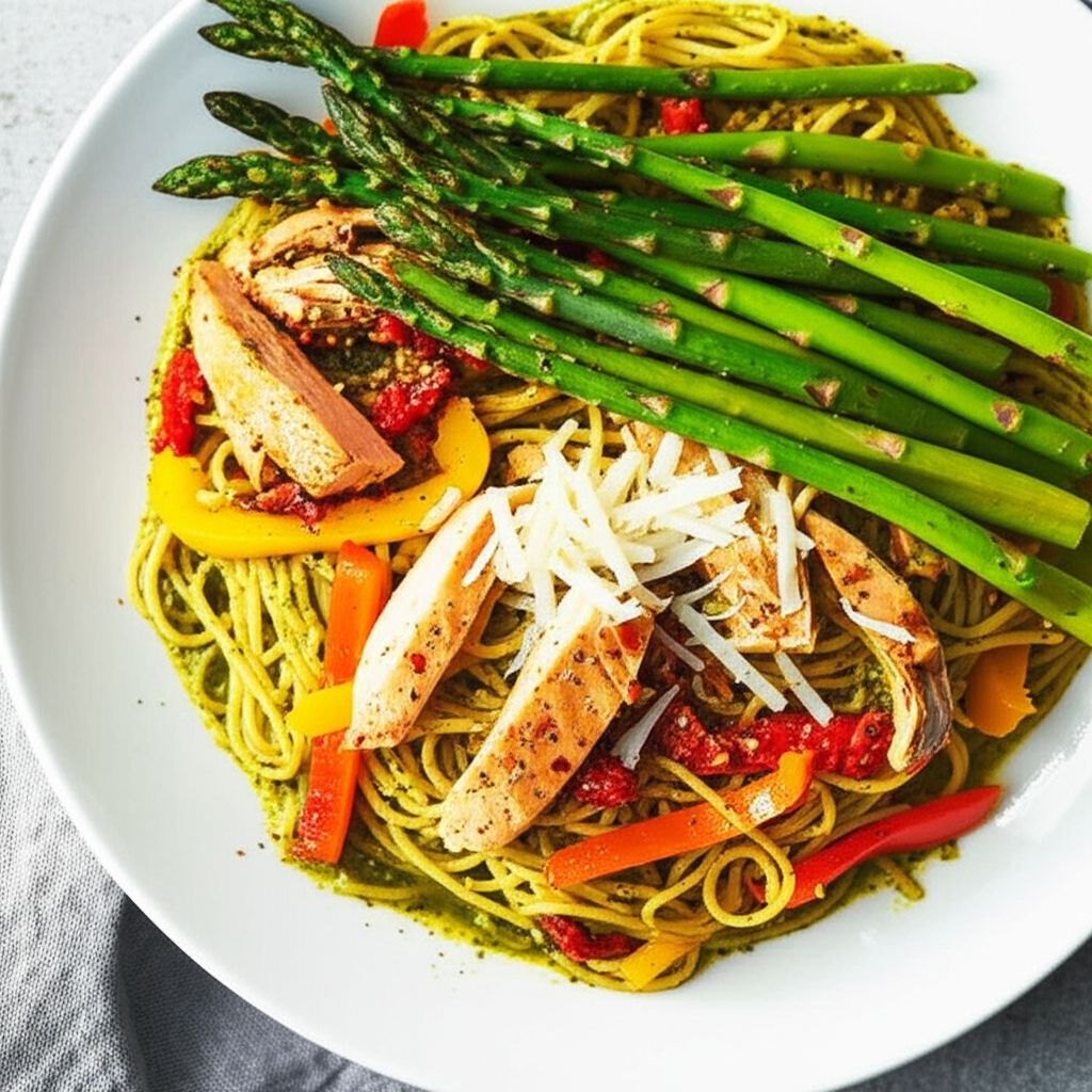 Colorful Chicken Pesto with Asparagus, Sun Dried Tomatoes and Peppers