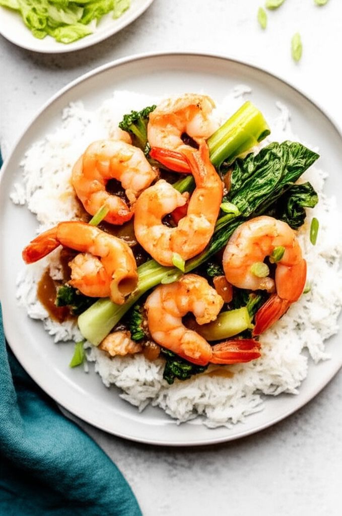 Shrimp Stir Fry with Bok Choy, Diced Tomatoes, and Rice Noodles